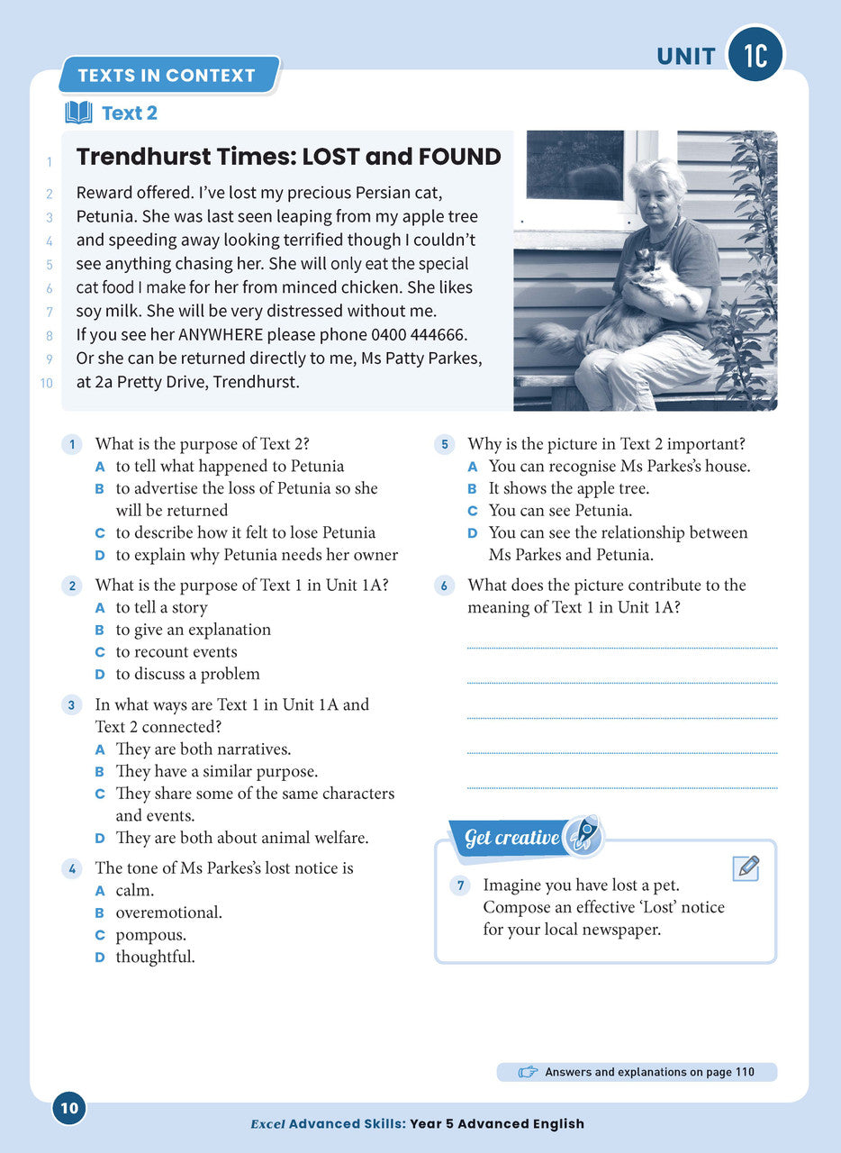 Sample interior page 10 from Excel Advanced English Year 5 showing the workbook's English activities and questions