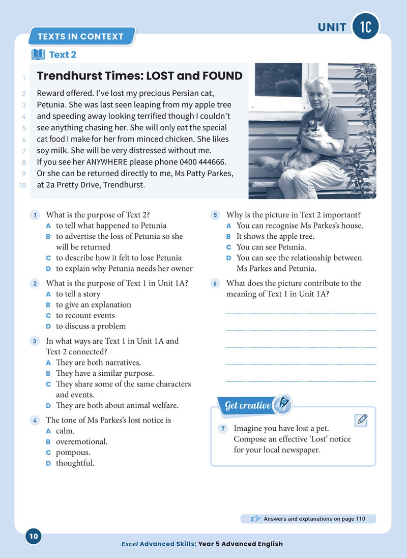 Sample interior page 10 from Excel Advanced English Year 5 showing the workbook's English activities and questions