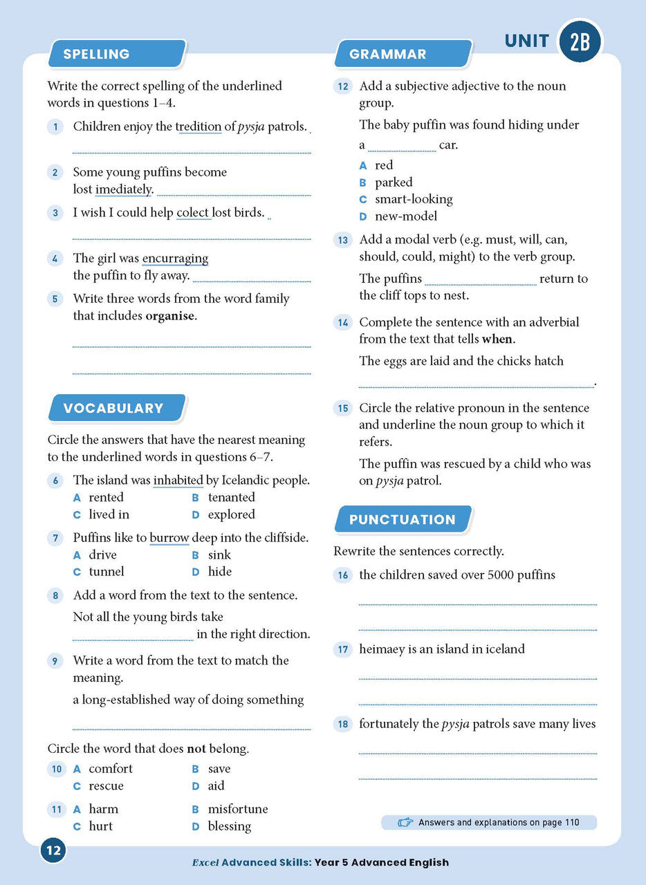 Sample interior page 12 from Excel Advanced English Year 5 showing the workbook's English activities and questions