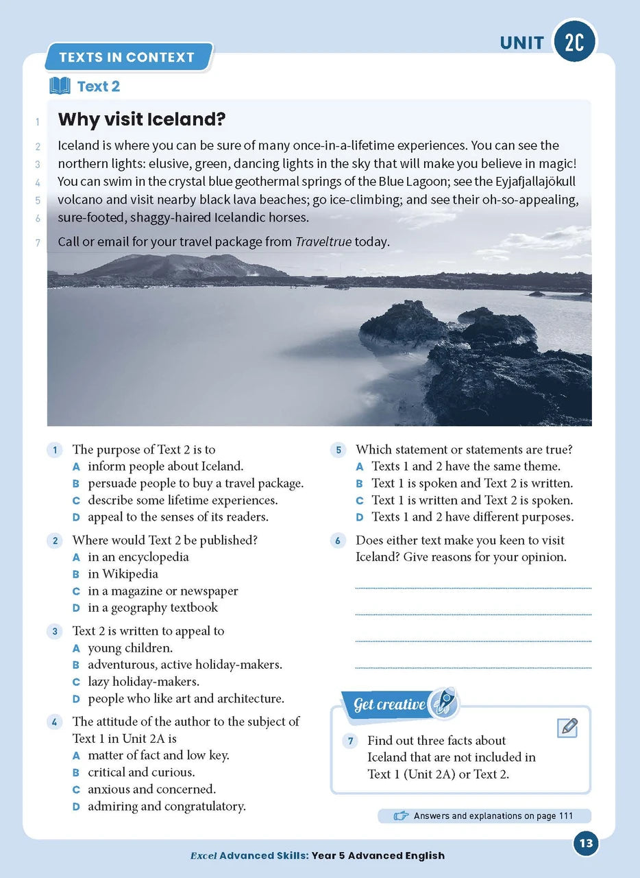 Sample interior page 13 from Excel Advanced English Year 5 showing the workbook's English activities and questions