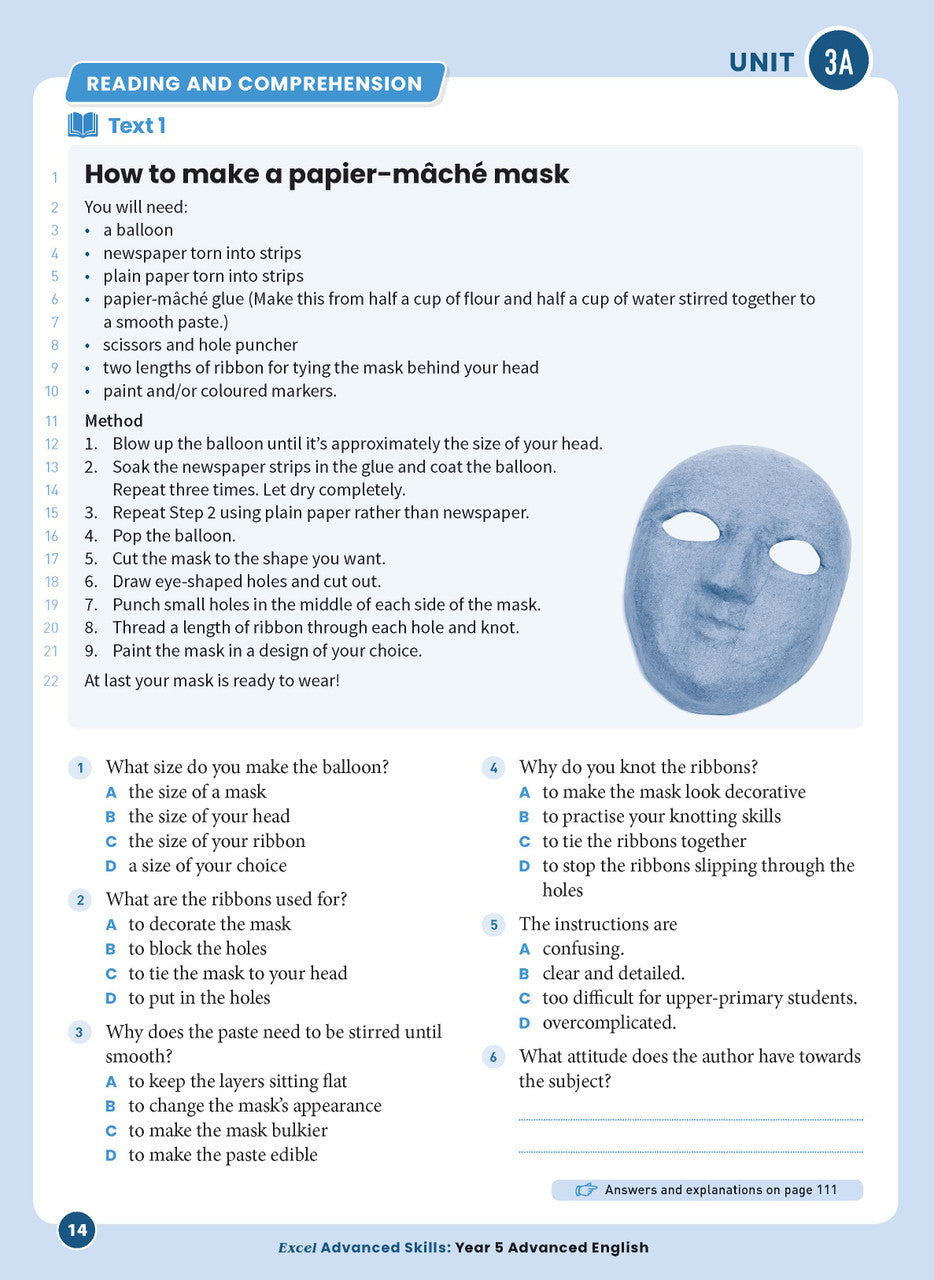 Sample interior page 14 from Excel Advanced English Year 5 showing the workbook's English activities and questions