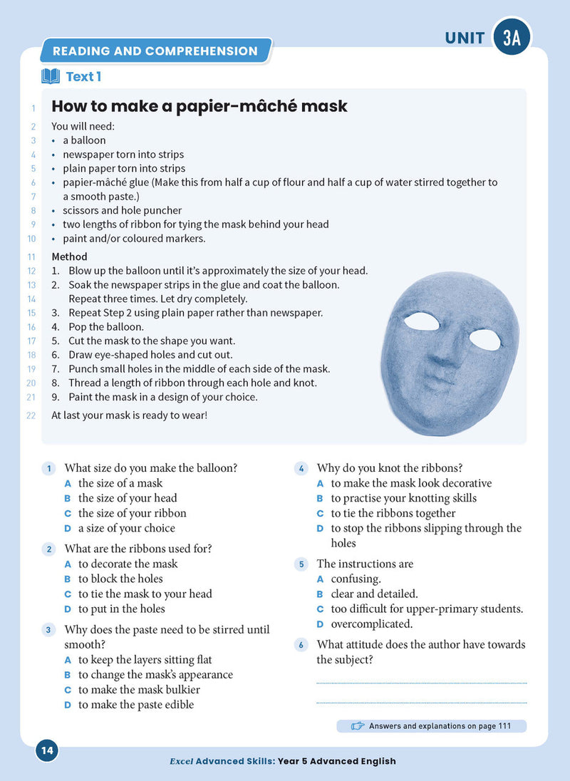 Sample interior page 14 from Excel Advanced English Year 5 showing the workbook's English activities and questions