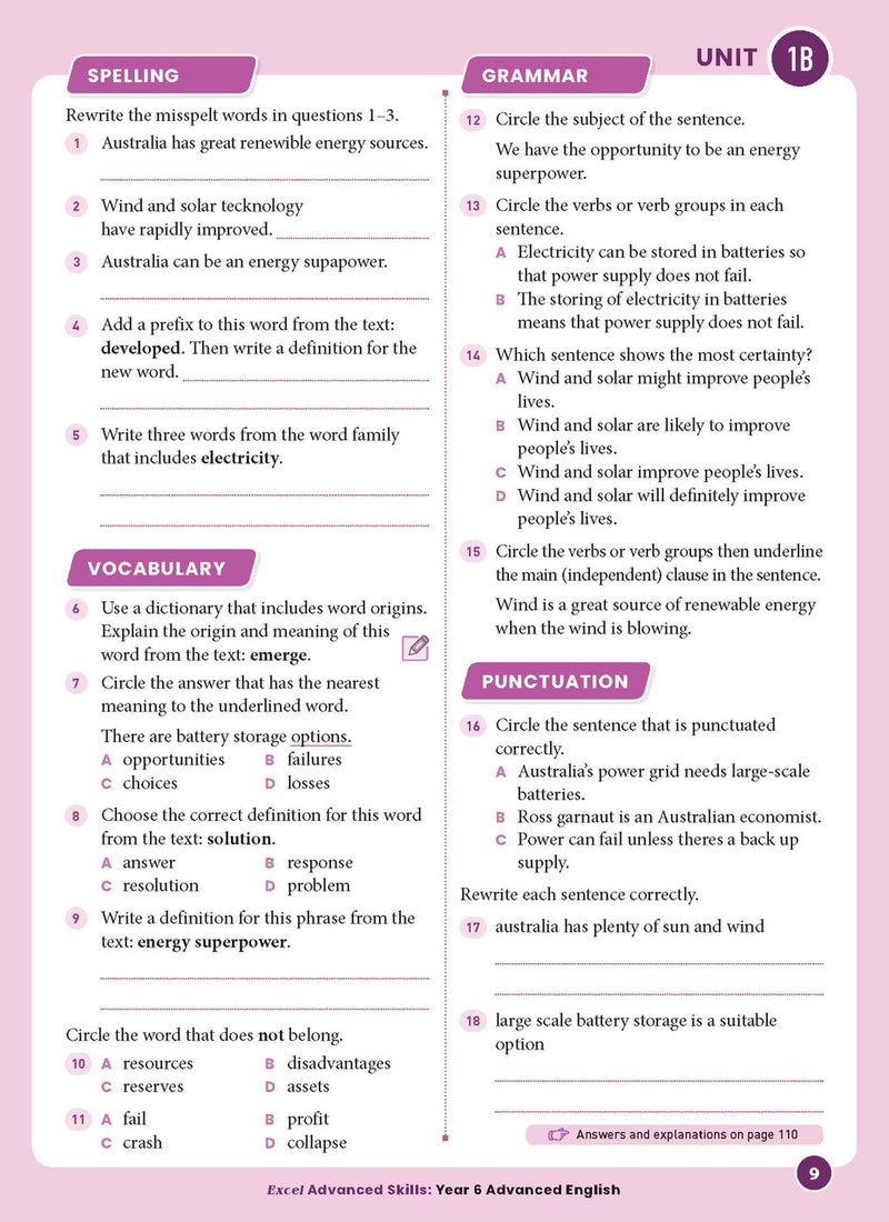 Sample interior page from Excel Advanced English Year 6 showing English activities and questions for students to complete