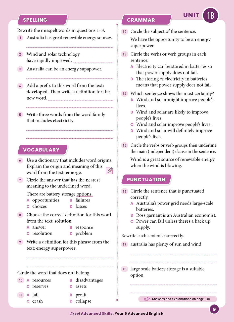 Sample interior page from Excel Advanced English Year 6 showing English activities and questions for students to complete