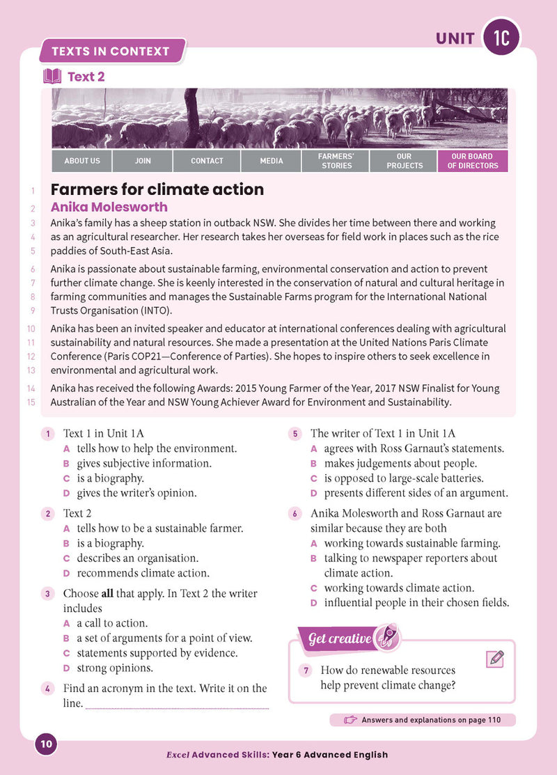 Sample interior page from Excel Advanced English Year 6 showing English activities and questions for students to complete