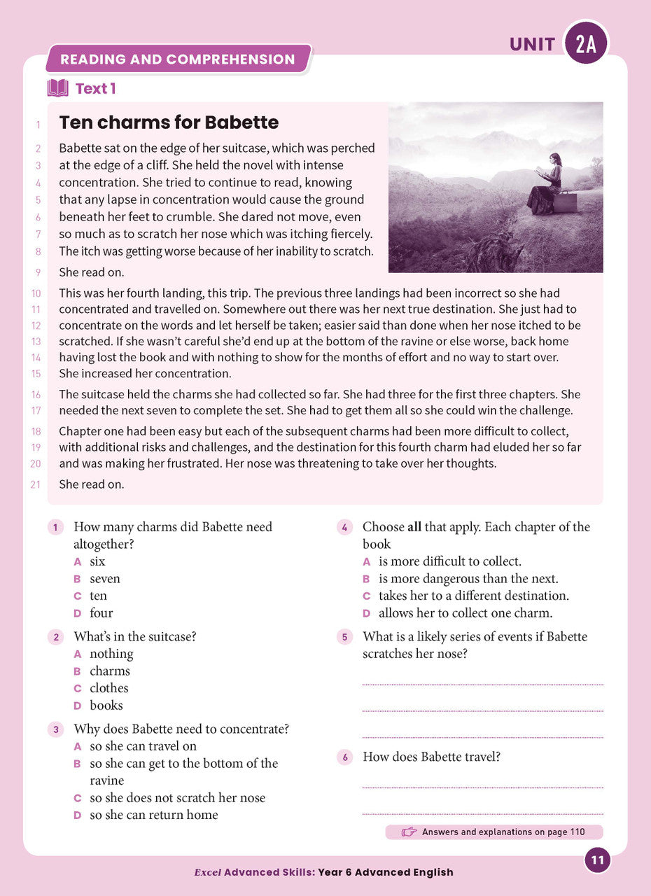 Sample interior page from Excel Advanced English Year 6 showing English activities and questions for students to complete