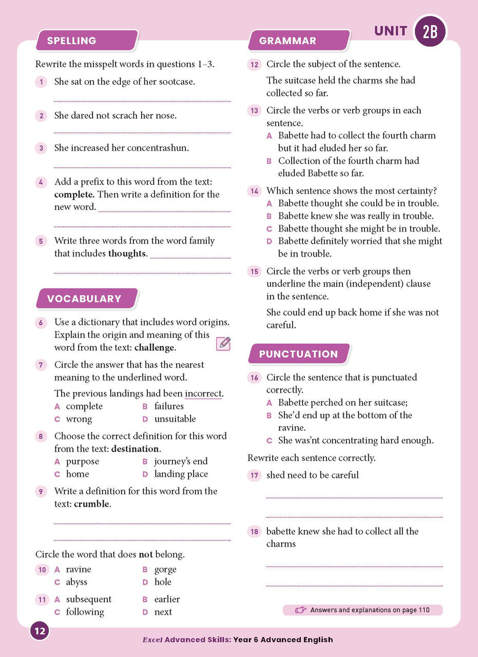 Sample interior page from Excel Advanced English Year 6 showing English activities and questions for students to complete