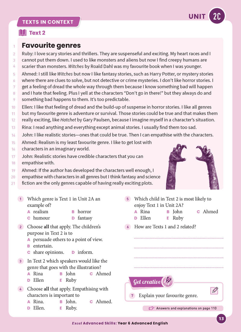Sample interior page from Excel Advanced English Year 6 showing English activities and questions for students to complete