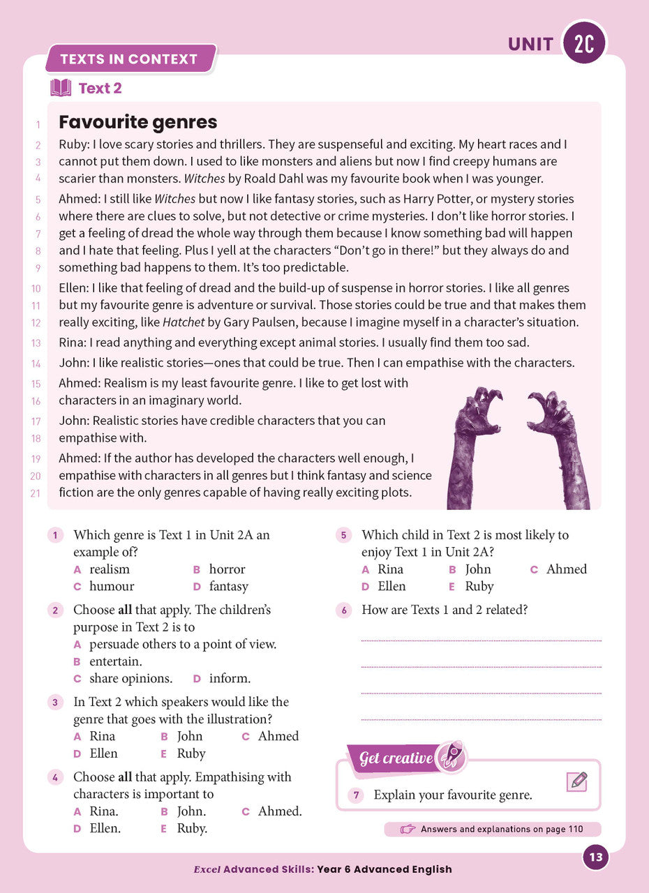 Sample interior page from Excel Advanced English Year 6 showing English activities and questions for students to complete