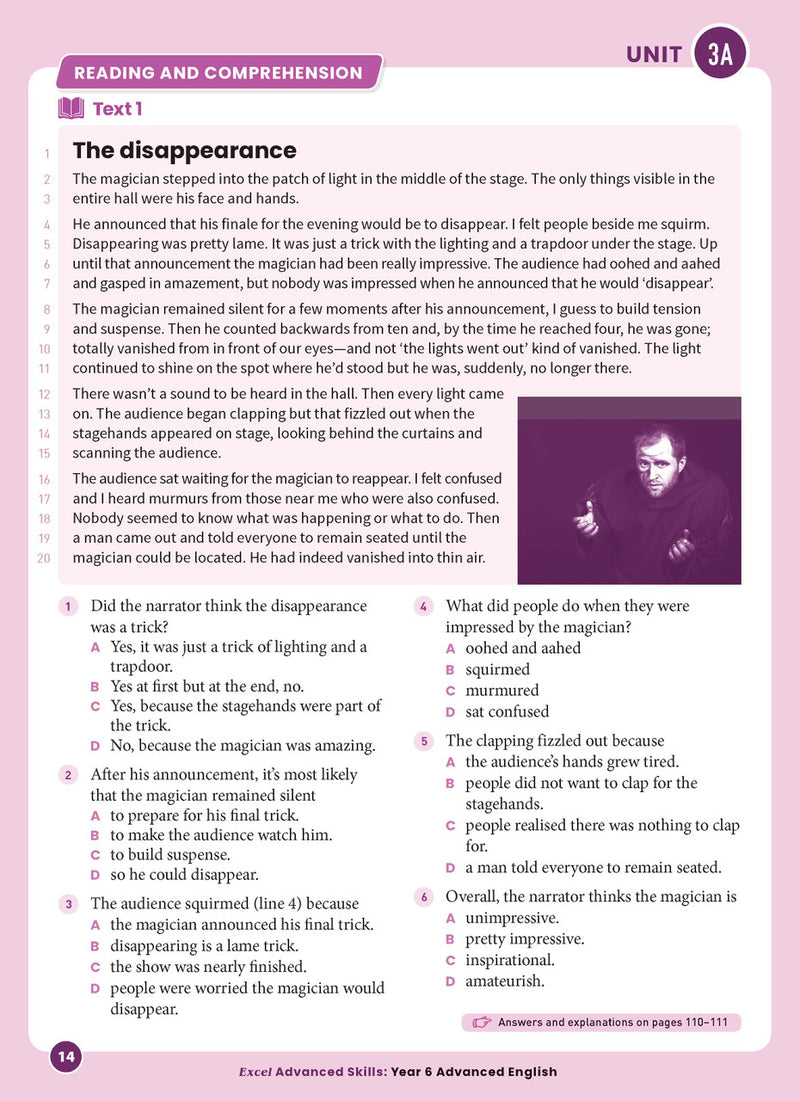 Sample interior page from Excel Advanced English Year 6 showing English activities and questions for students to complete