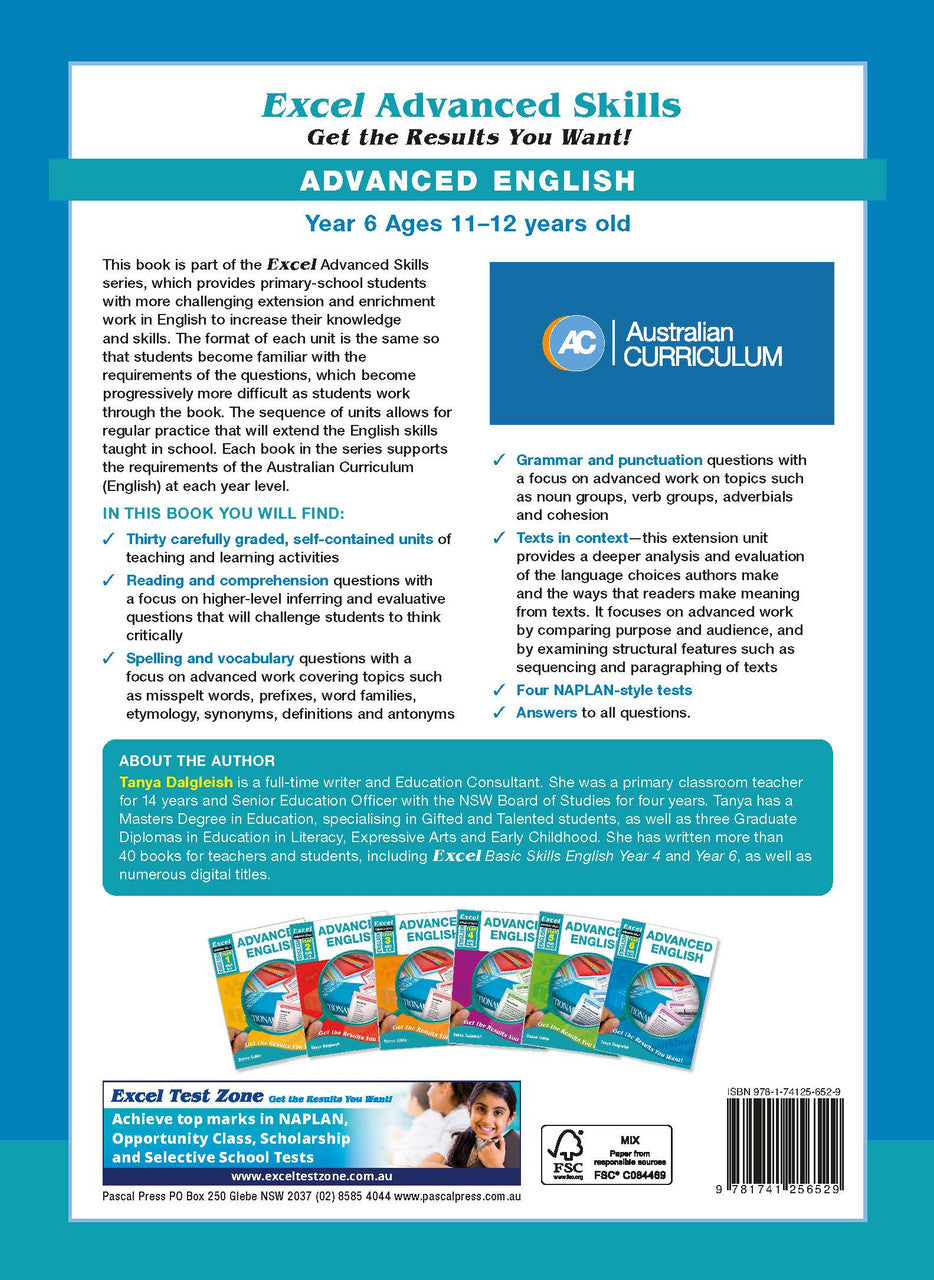 Back cover of Excel Advanced English Year 6 with the publisher's summary of what the workbook covers