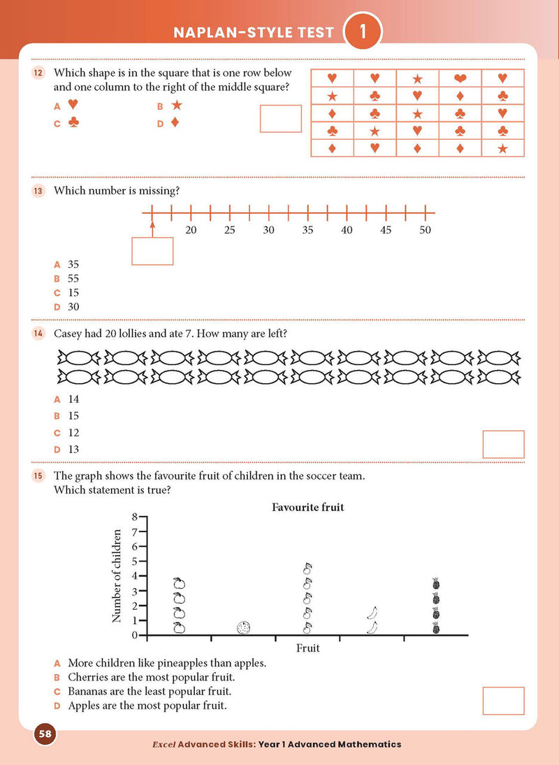 Sample interior page from the Excel Advanced Skills Advanced Mathematics Year 1 workbook showing extension maths questions as shown in the Pascal Press gallery