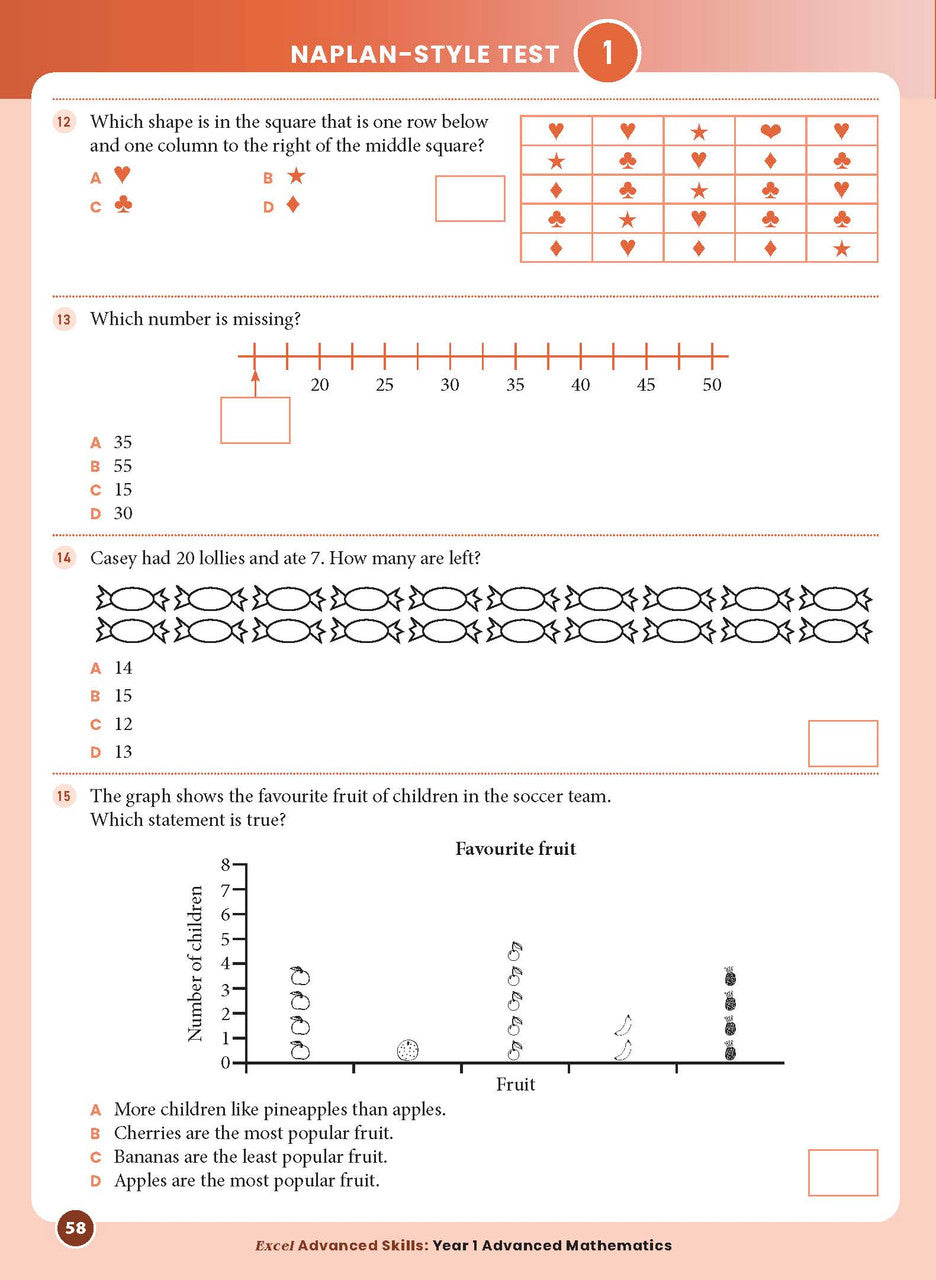 Sample interior page from the Excel Advanced Skills Advanced Mathematics Year 1 workbook showing extension maths questions as shown in the Pascal Press gallery