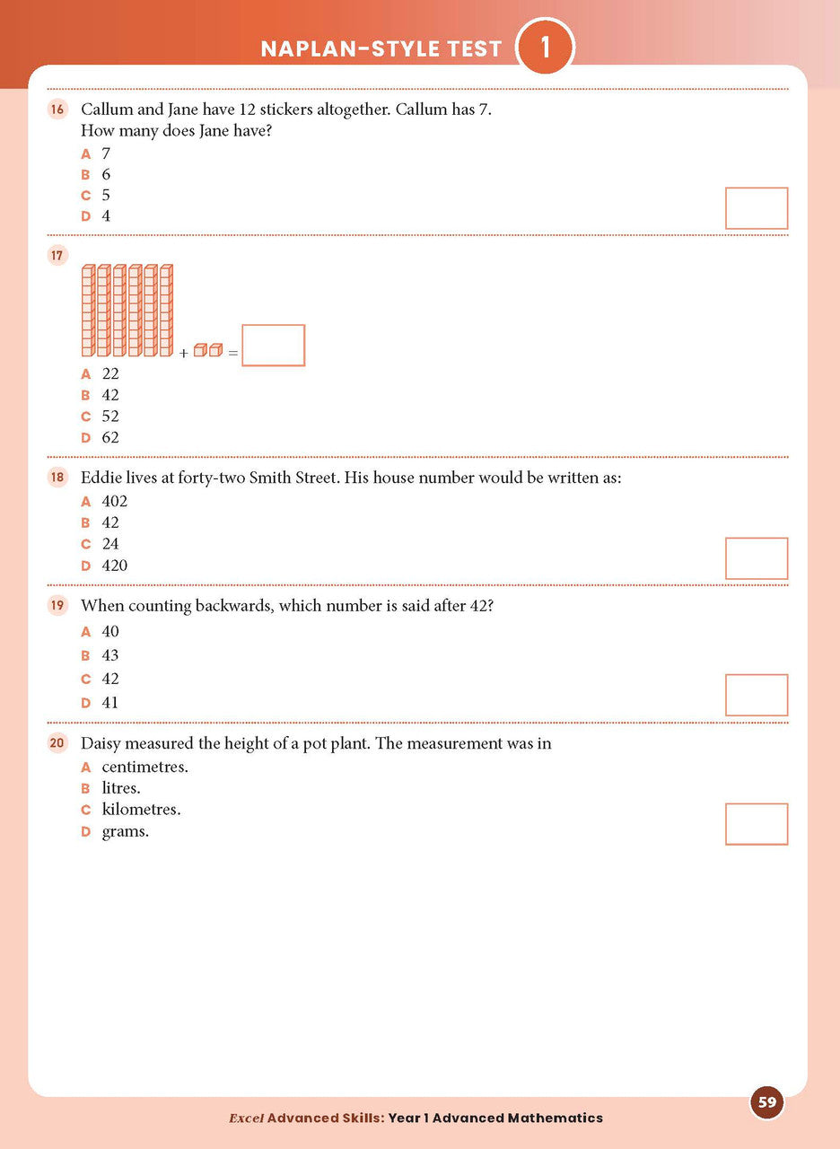 Sample interior page from the Excel Advanced Skills Advanced Mathematics Year 1 workbook showing extension maths questions as shown in the Pascal Press gallery