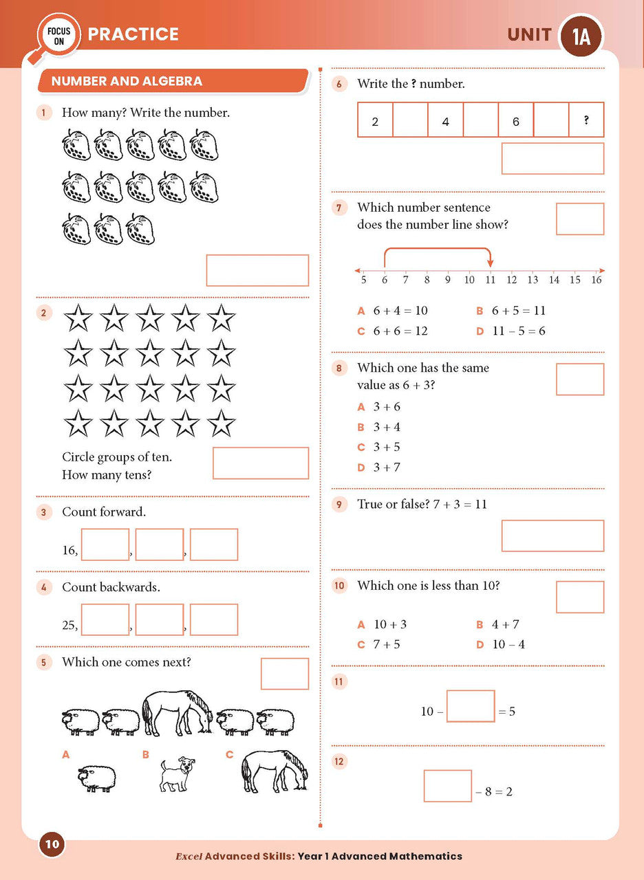 Sample interior page from the Excel Advanced Skills Advanced Mathematics Year 1 workbook showing extension maths questions as shown in the Pascal Press gallery