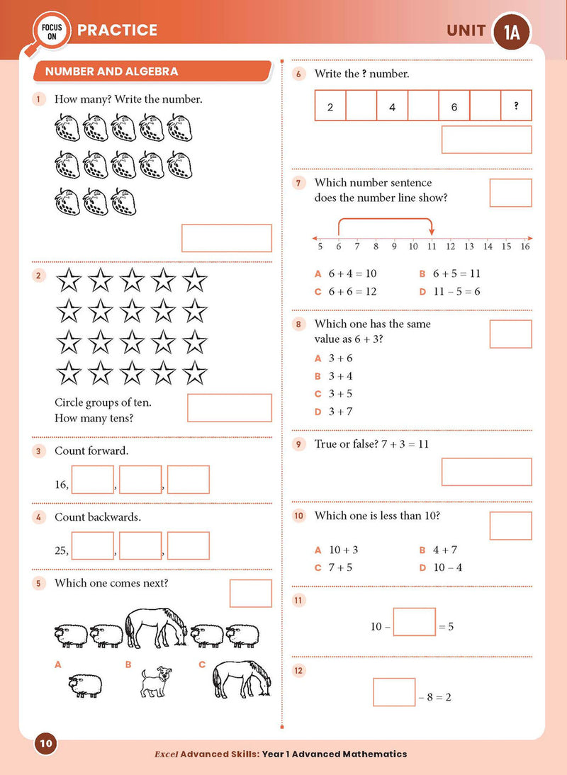 Sample interior page from the Excel Advanced Skills Advanced Mathematics Year 1 workbook showing extension maths questions as shown in the Pascal Press gallery