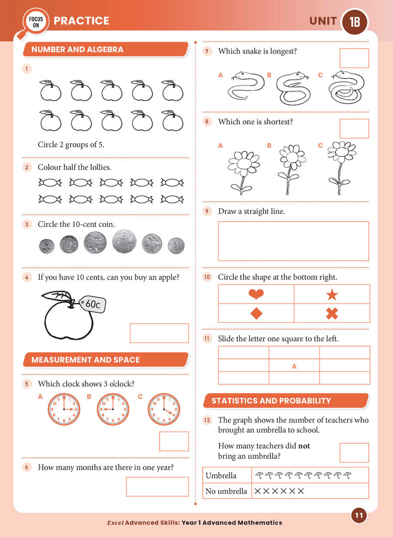 Sample interior page from the Excel Advanced Skills Advanced Mathematics Year 1 workbook showing extension maths questions as shown in the Pascal Press gallery