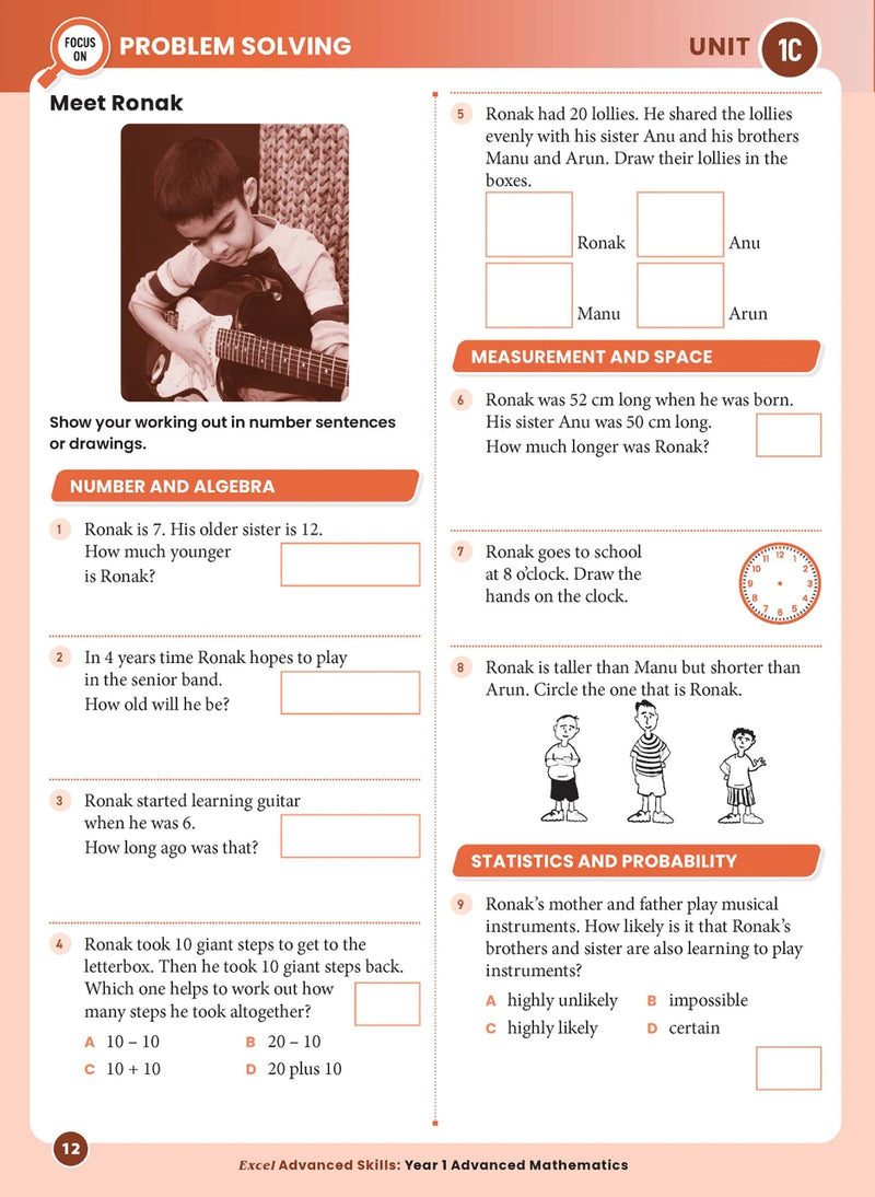 Sample interior page from the Excel Advanced Skills Advanced Mathematics Year 1 workbook showing extension maths questions as shown in the Pascal Press gallery