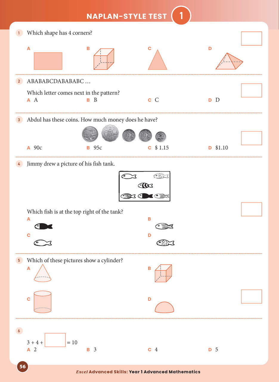 Sample interior page from the Excel Advanced Skills Advanced Mathematics Year 1 workbook showing extension maths questions as shown in the Pascal Press gallery