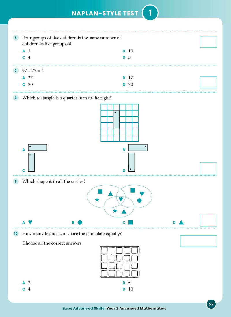 Sample interior page from the Excel Advanced Skills Advanced Mathematics Year 2 workbook showing extension maths questions as shown in the Pascal Press gallery