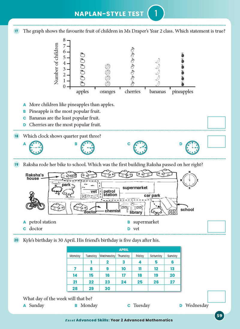 Sample interior page from the Excel Advanced Skills Advanced Mathematics Year 2 workbook showing extension maths questions as shown in the Pascal Press gallery