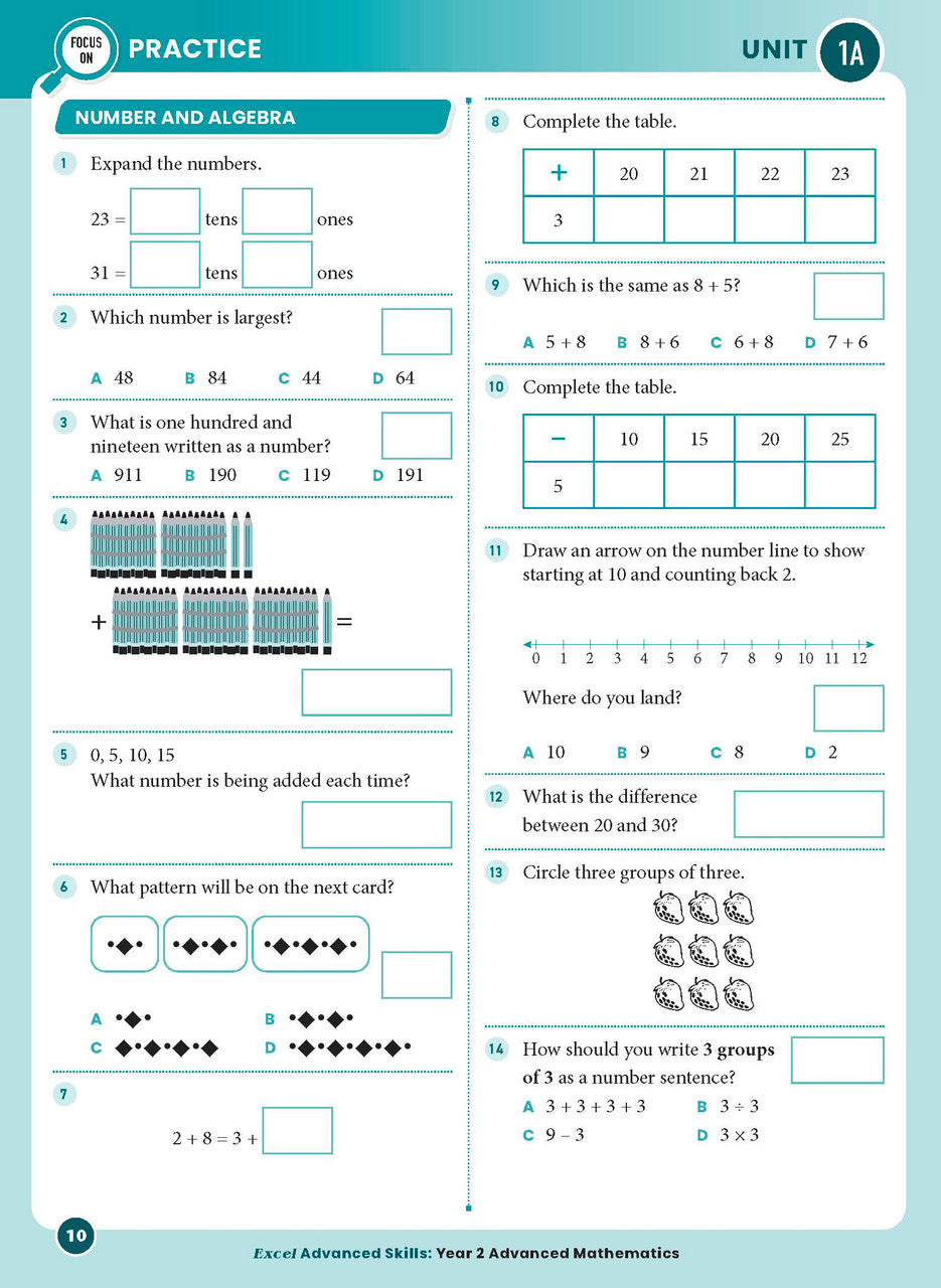 Sample interior page from the Excel Advanced Skills Advanced Mathematics Year 2 workbook showing extension maths questions as shown in the Pascal Press gallery