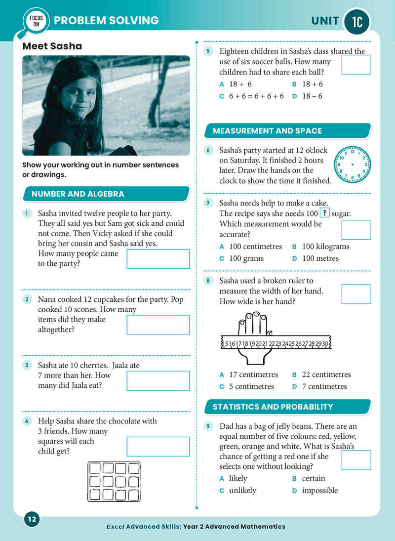 Sample interior page from the Excel Advanced Skills Advanced Mathematics Year 2 workbook showing extension maths questions as shown in the Pascal Press gallery