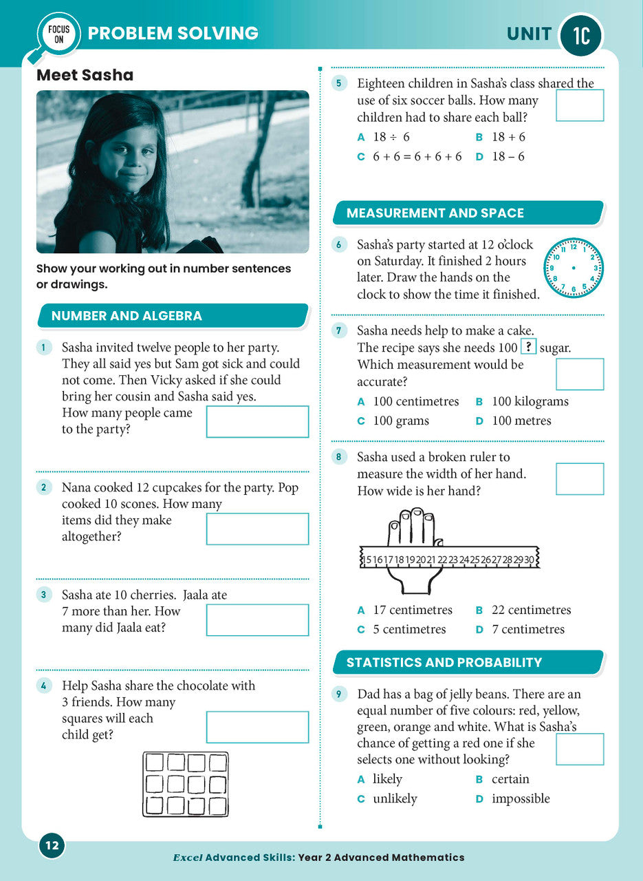 Sample interior page from the Excel Advanced Skills Advanced Mathematics Year 2 workbook showing extension maths questions as shown in the Pascal Press gallery