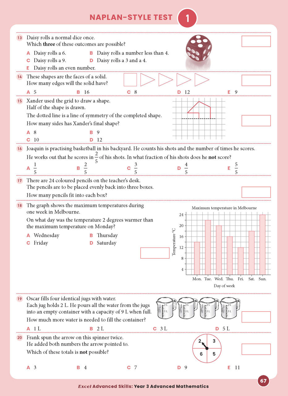 Sample interior page from the Excel Advanced Skills Advanced Mathematics Year 3 workbook showing extension maths questions as shown in the Pascal Press gallery