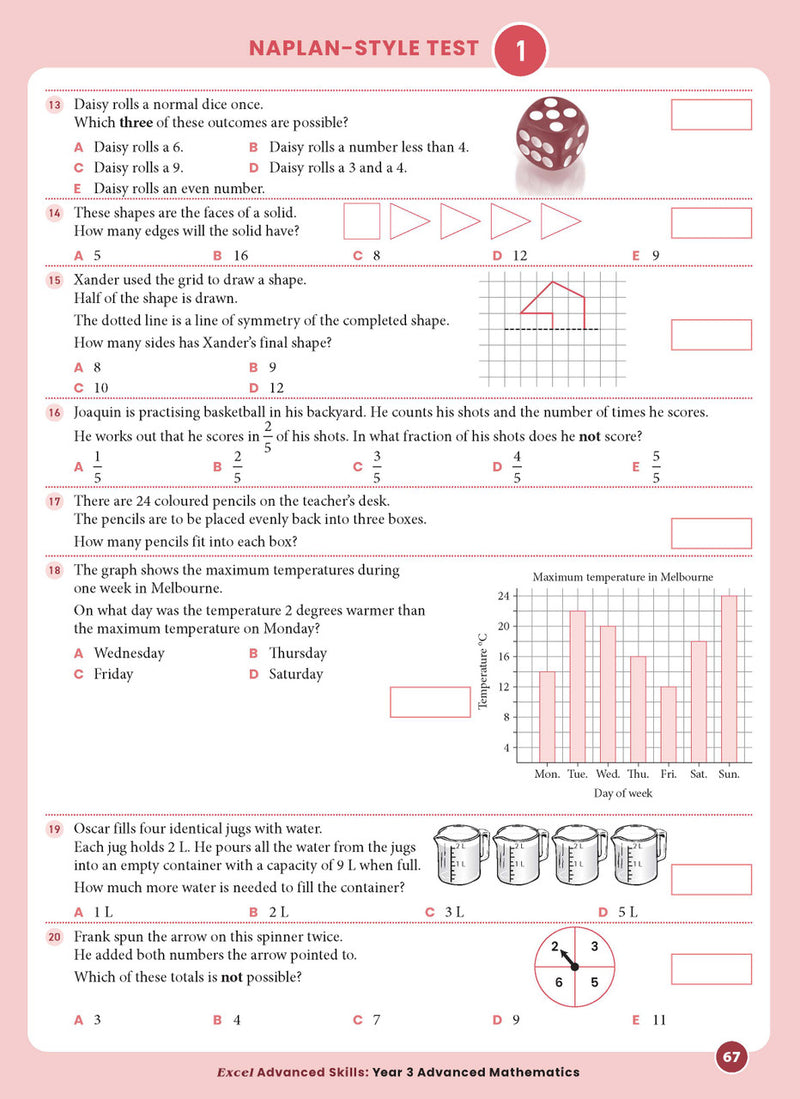 Sample interior page from the Excel Advanced Skills Advanced Mathematics Year 3 workbook showing extension maths questions as shown in the Pascal Press gallery