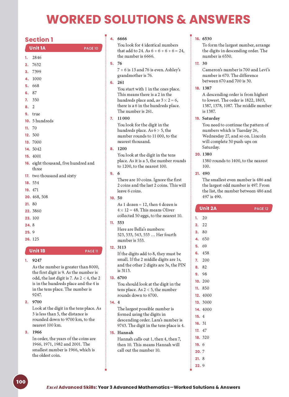 Sample interior page from the Excel Advanced Skills Advanced Mathematics Year 3 workbook showing extension maths questions as shown in the Pascal Press gallery