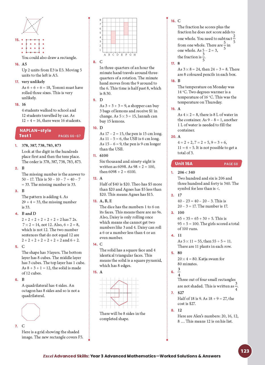 Sample interior page from the Excel Advanced Skills Advanced Mathematics Year 3 workbook showing extension maths questions as shown in the Pascal Press gallery