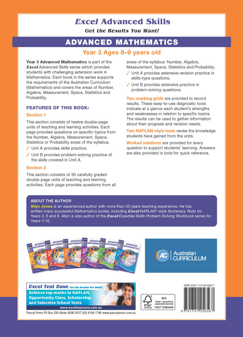 Further page image from the Pascal Press gallery for the Excel Advanced Skills Advanced Mathematics Year 3 workbook, such as the back cover or a closing page