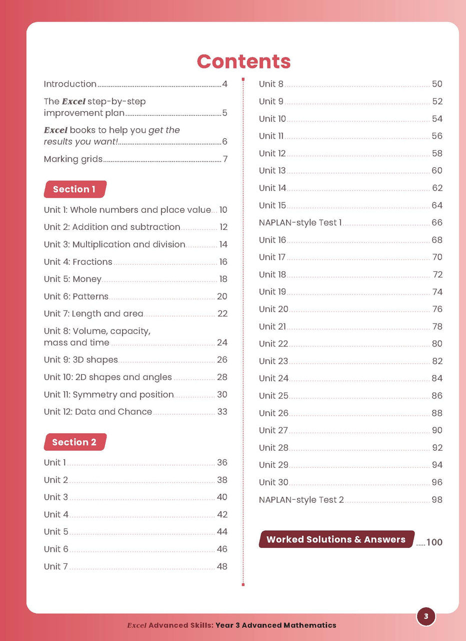 Sample interior page from the Excel Advanced Skills Advanced Mathematics Year 3 workbook showing extension maths questions as shown in the Pascal Press gallery