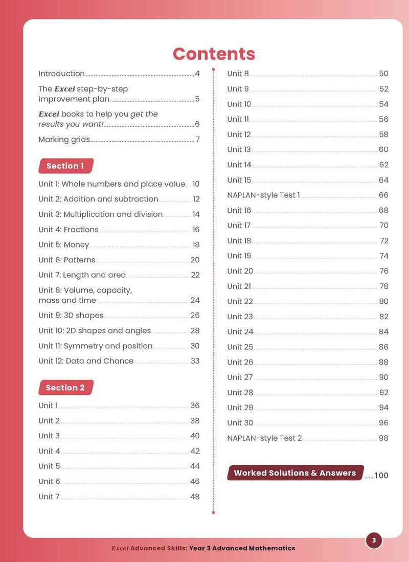 Sample interior page from the Excel Advanced Skills Advanced Mathematics Year 3 workbook showing extension maths questions as shown in the Pascal Press gallery