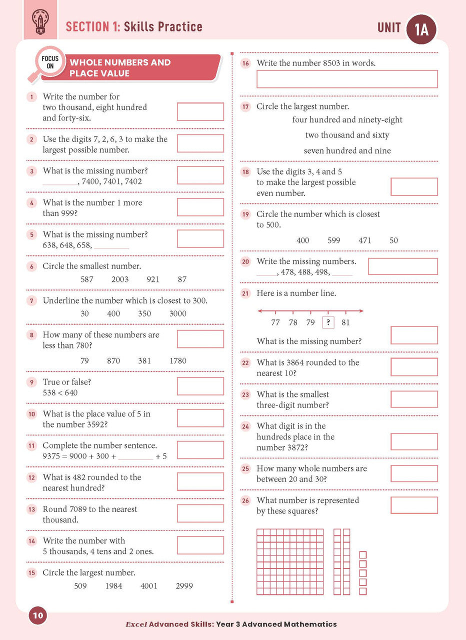 Sample interior page from the Excel Advanced Skills Advanced Mathematics Year 3 workbook showing extension maths questions as shown in the Pascal Press gallery