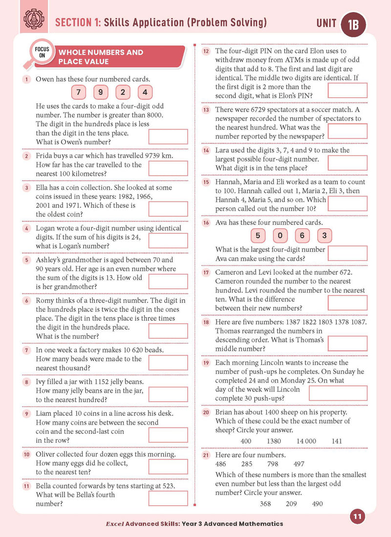 Sample interior page from the Excel Advanced Skills Advanced Mathematics Year 3 workbook showing extension maths questions as shown in the Pascal Press gallery