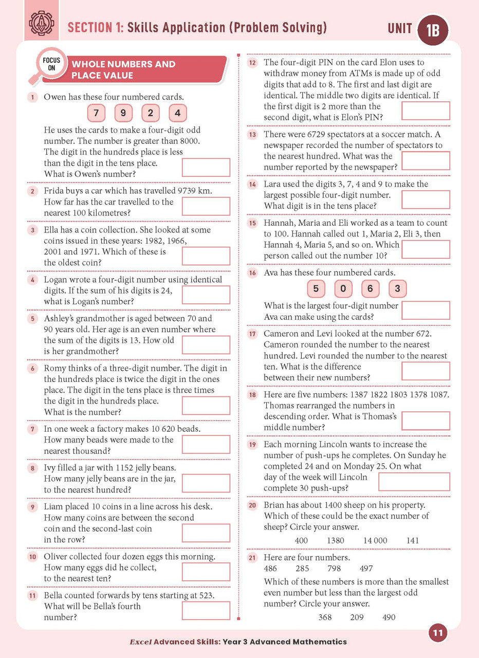 Sample interior page from the Excel Advanced Skills Advanced Mathematics Year 3 workbook showing extension maths questions as shown in the Pascal Press gallery
