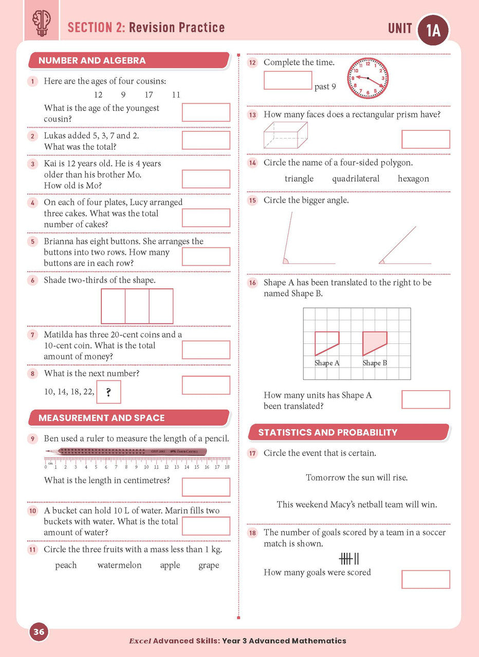 Sample interior page from the Excel Advanced Skills Advanced Mathematics Year 3 workbook showing extension maths questions as shown in the Pascal Press gallery