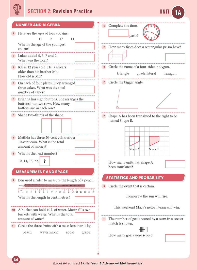 Sample interior page from the Excel Advanced Skills Advanced Mathematics Year 3 workbook showing extension maths questions as shown in the Pascal Press gallery