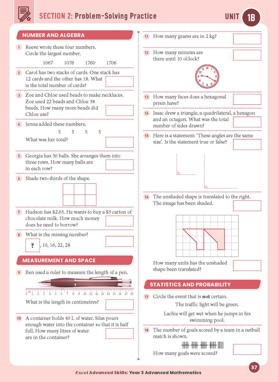 Sample interior page from the Excel Advanced Skills Advanced Mathematics Year 3 workbook showing extension maths questions as shown in the Pascal Press gallery