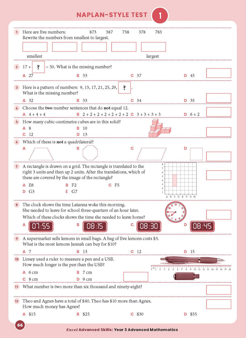 Sample interior page from the Excel Advanced Skills Advanced Mathematics Year 3 workbook showing extension maths questions as shown in the Pascal Press gallery