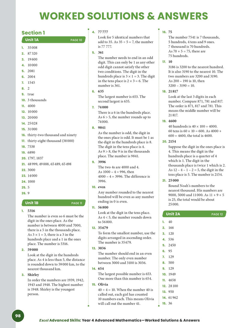 Sample interior page from the Excel Advanced Skills Advanced Mathematics Year 4 workbook showing extension maths questions as shown in the Pascal Press gallery