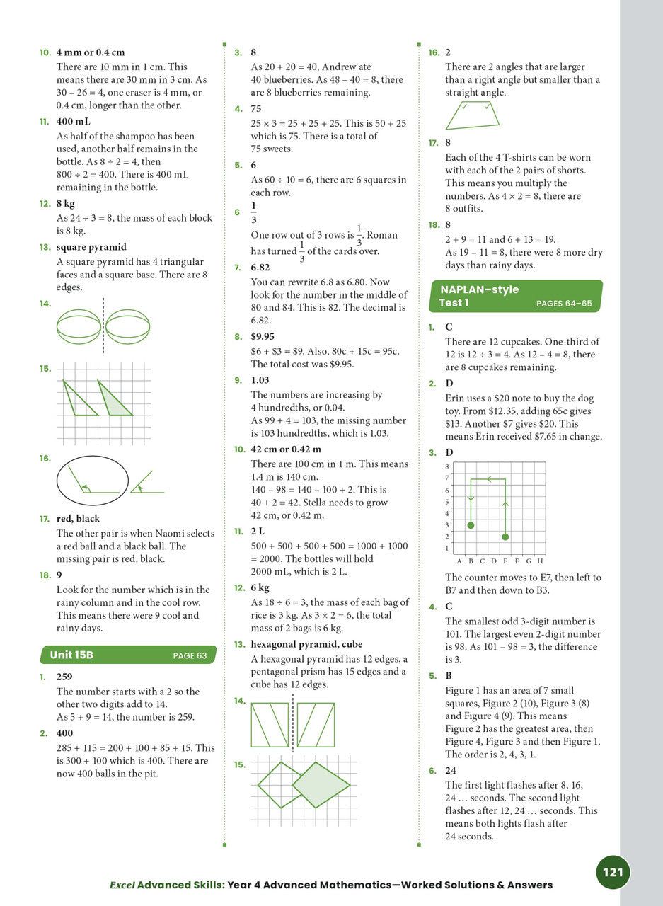 Sample interior page from the Excel Advanced Skills Advanced Mathematics Year 4 workbook showing extension maths questions as shown in the Pascal Press gallery