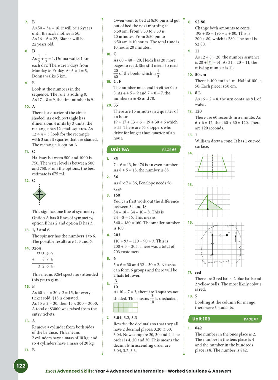 Sample interior page from the Excel Advanced Skills Advanced Mathematics Year 4 workbook showing extension maths questions as shown in the Pascal Press gallery