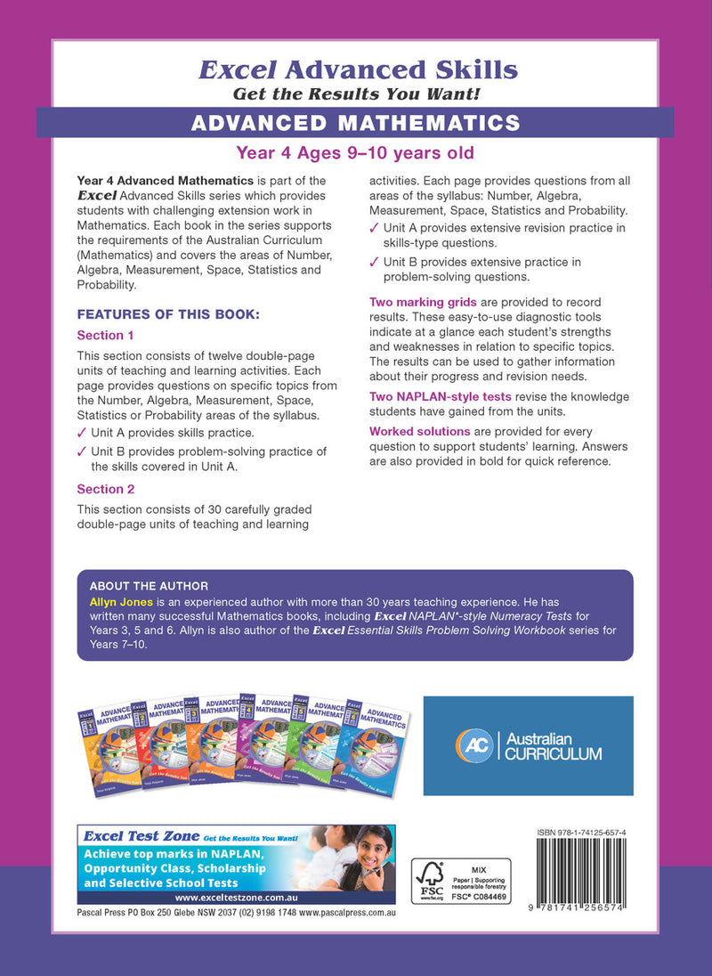 Further page image from the Pascal Press gallery for the Excel Advanced Skills Advanced Mathematics Year 4 workbook, such as the back cover or a closing page
