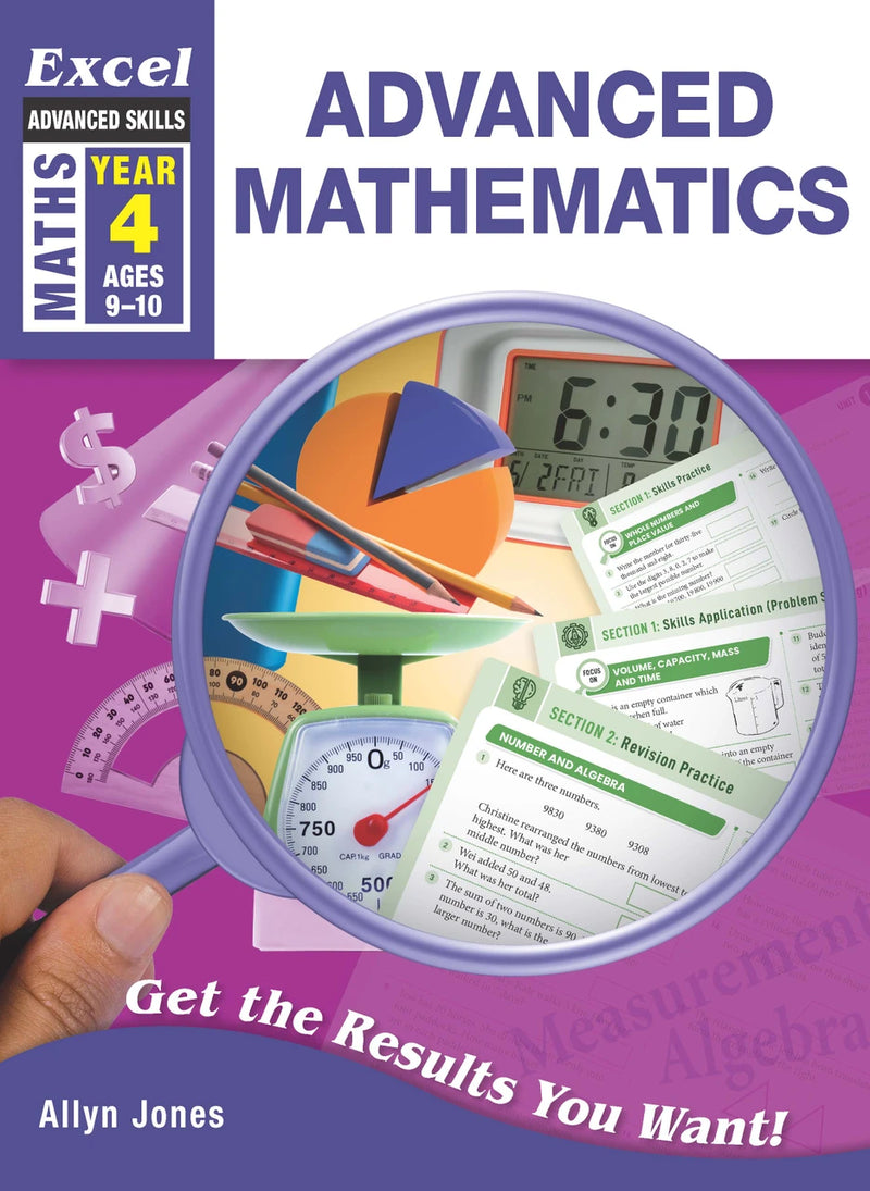 Front cover of the Excel Advanced Skills Advanced Mathematics Year 4 workbook by Allyn Jones from Pascal Press, shown as the main product image