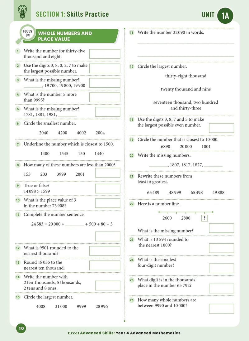 Sample interior page from the Excel Advanced Skills Advanced Mathematics Year 4 workbook showing extension maths questions as shown in the Pascal Press gallery