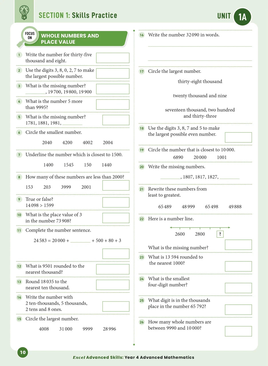 Sample interior page from the Excel Advanced Skills Advanced Mathematics Year 4 workbook showing extension maths questions as shown in the Pascal Press gallery