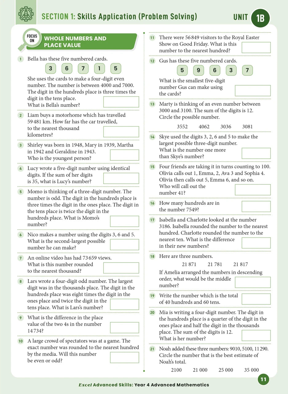 Sample interior page from the Excel Advanced Skills Advanced Mathematics Year 4 workbook showing extension maths questions as shown in the Pascal Press gallery